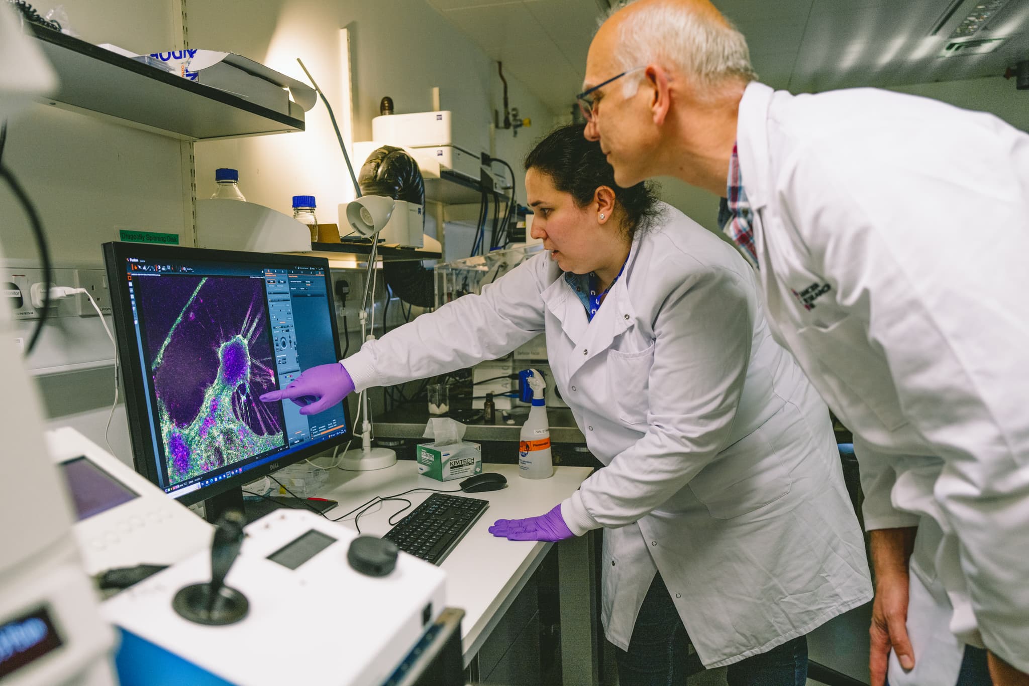 Two researchers are working in a laboratory at the Cambridge Institute. They are looking at a scan on a computer screen.