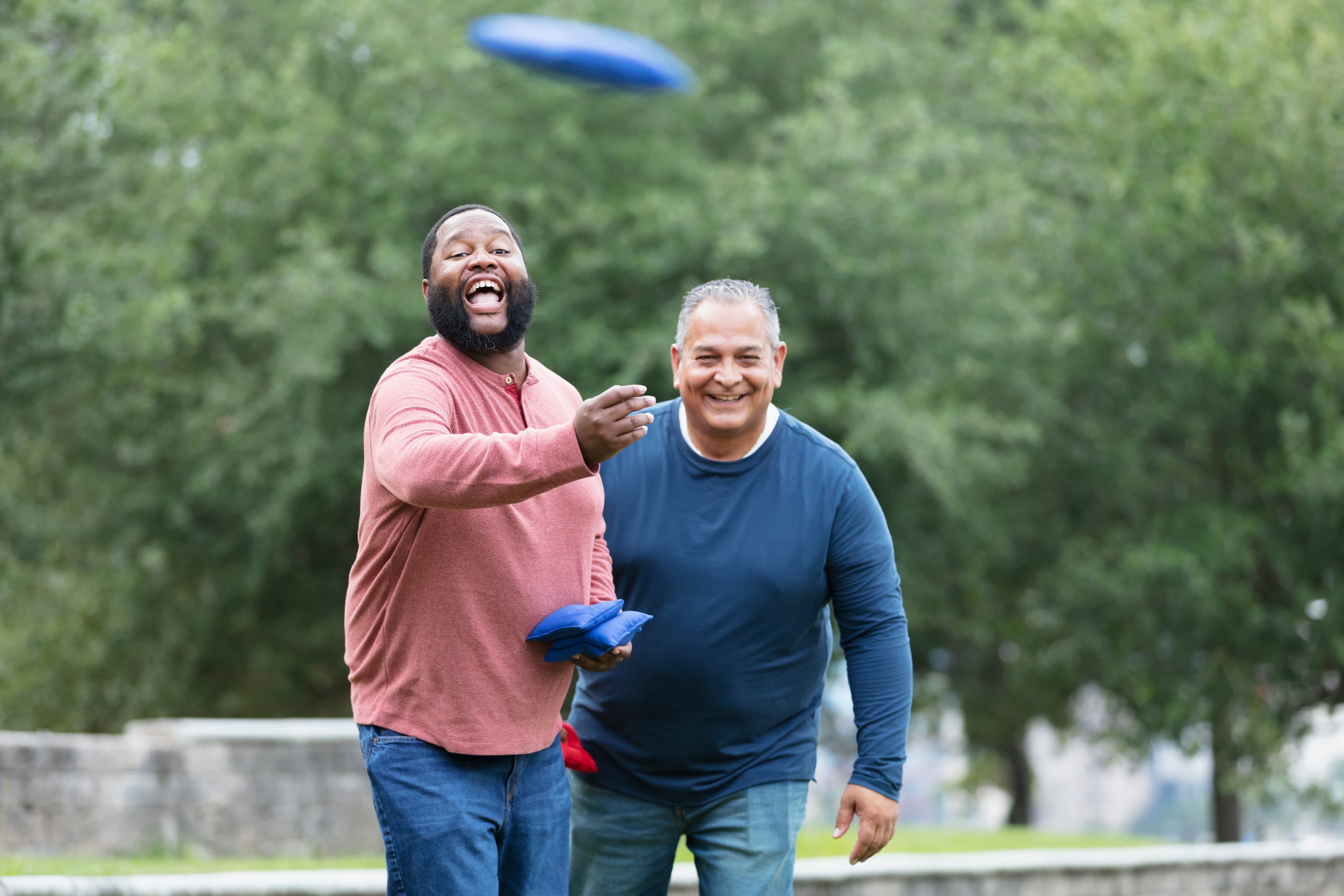 Overweight men playing a game.