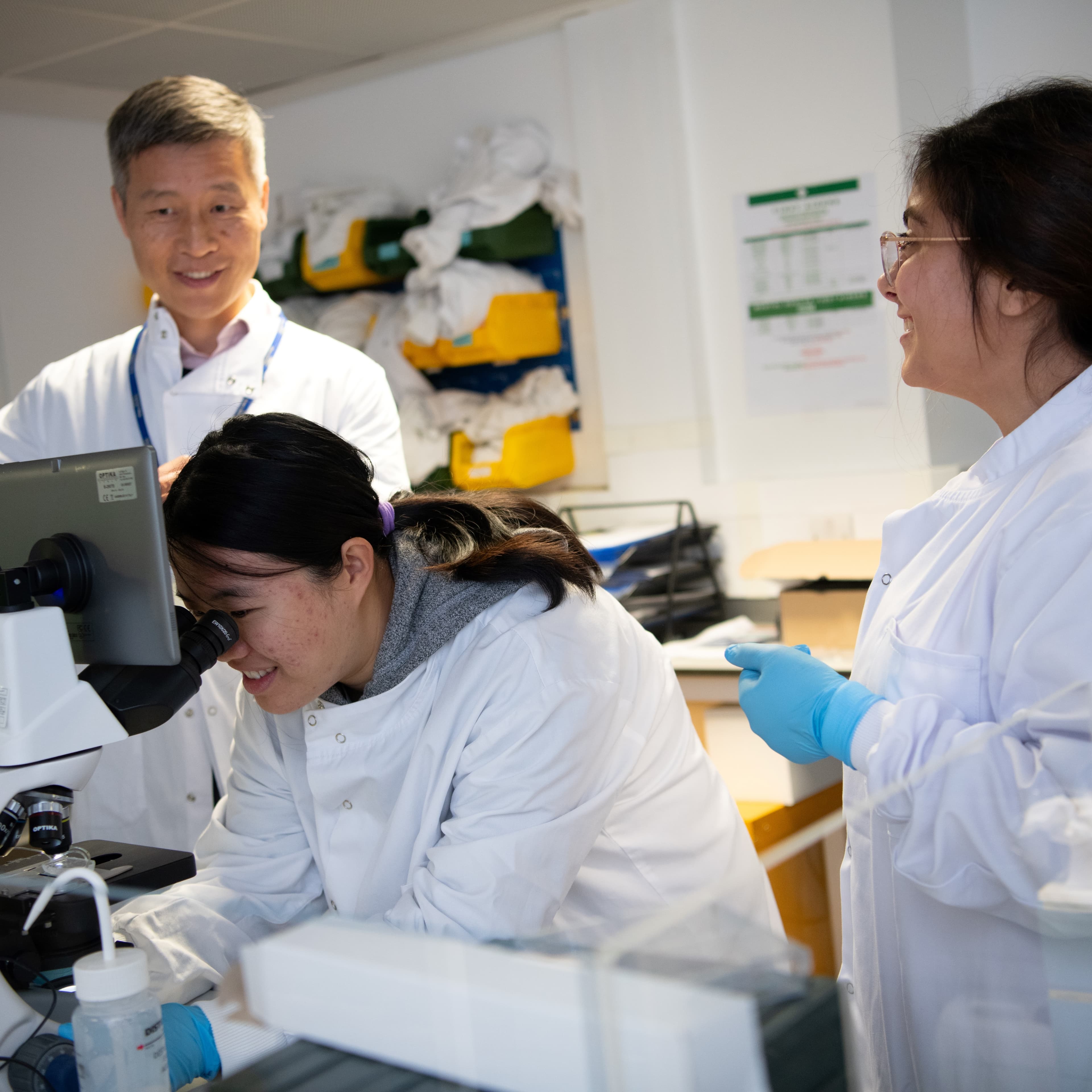 Three researchers working together and looking down a microscope.