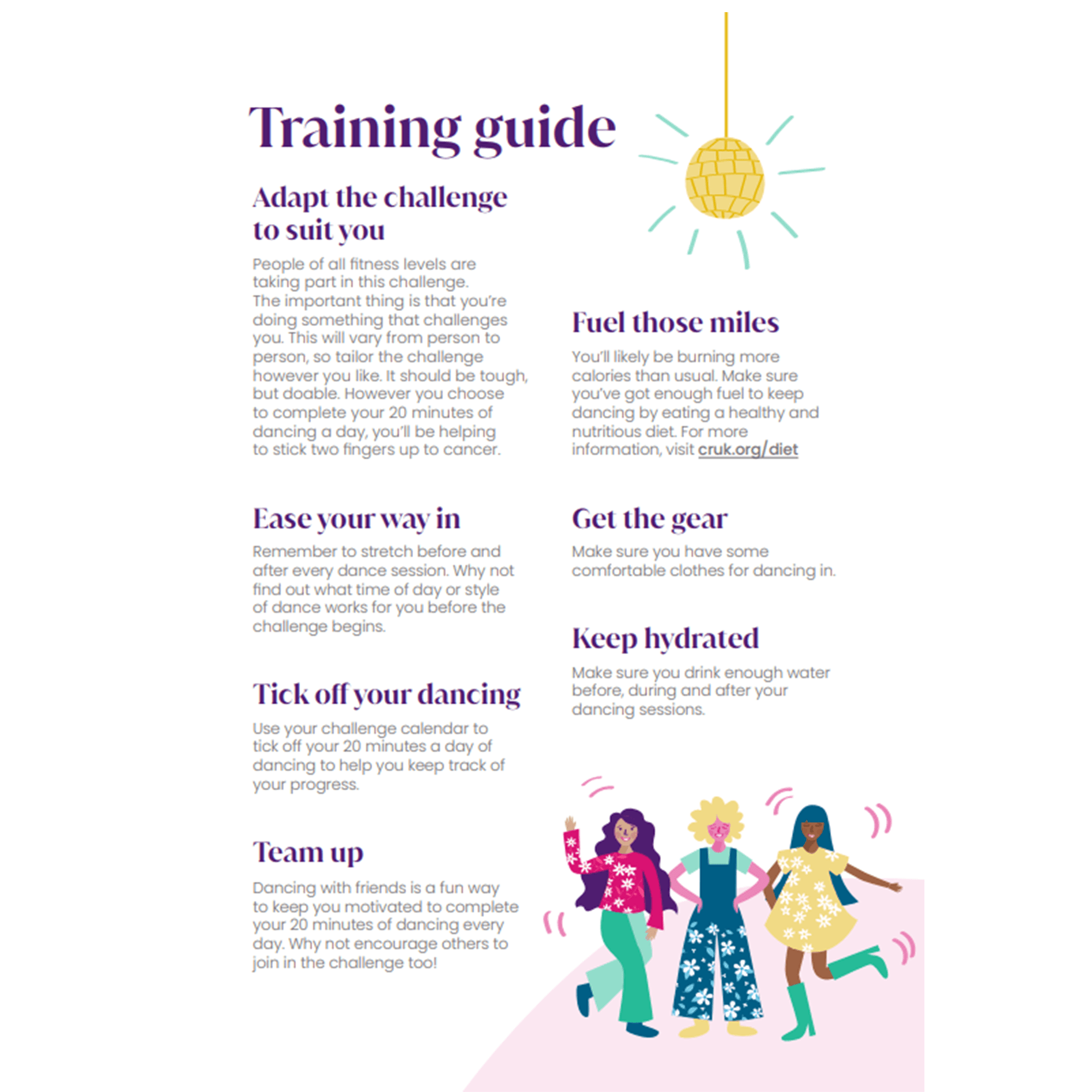 Page titled ‘Training guide’ with tips such as adapting the challenge and teaming up with dancing illustrations on it.