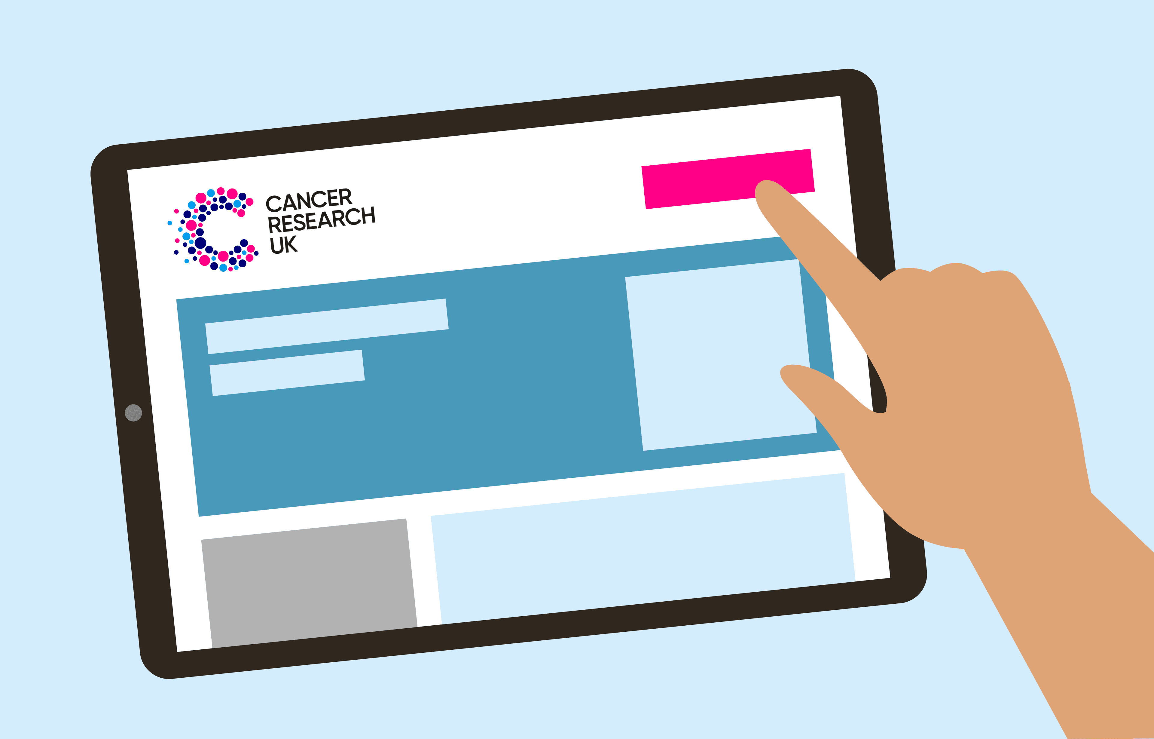 Illustration of hand hovering over the Cancer Research UK website on a tablet.