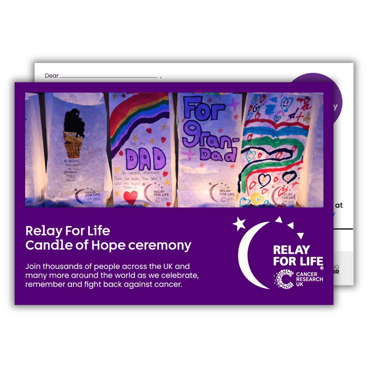 Relay For Life Candle of Hope ceremony image. Painted, lit candle holders with Relay For Life logo.