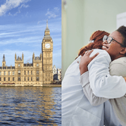A photo collage that consists the House of Parliament in London on the left and a two people hugging on the right.