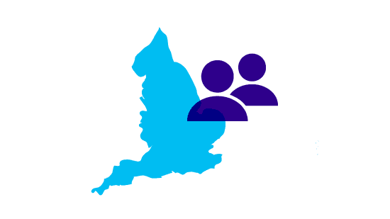 Blue icon image showing a simple map of England.