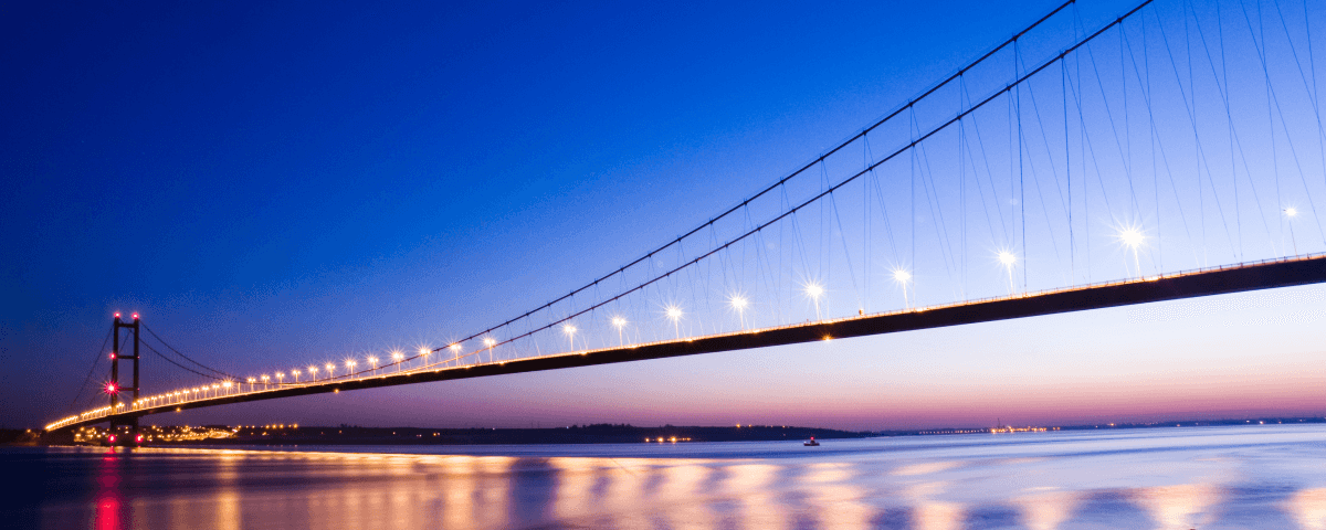 Photo of the Humber Bridge in Hull at night.