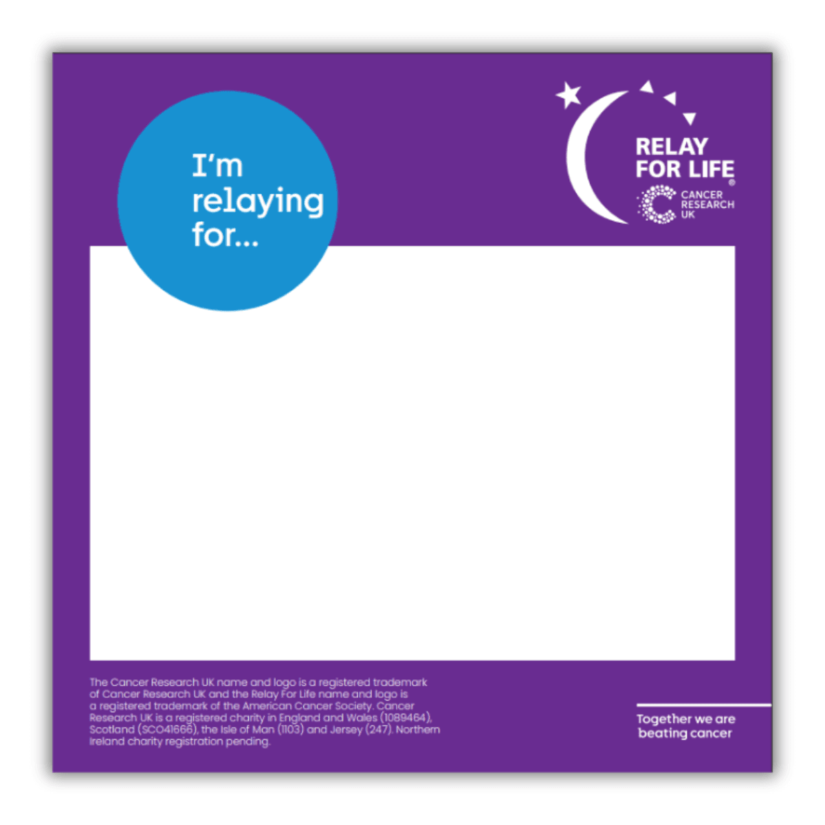 Relay For Life backsign - I'm relaying for...text with space for someone to write a name.