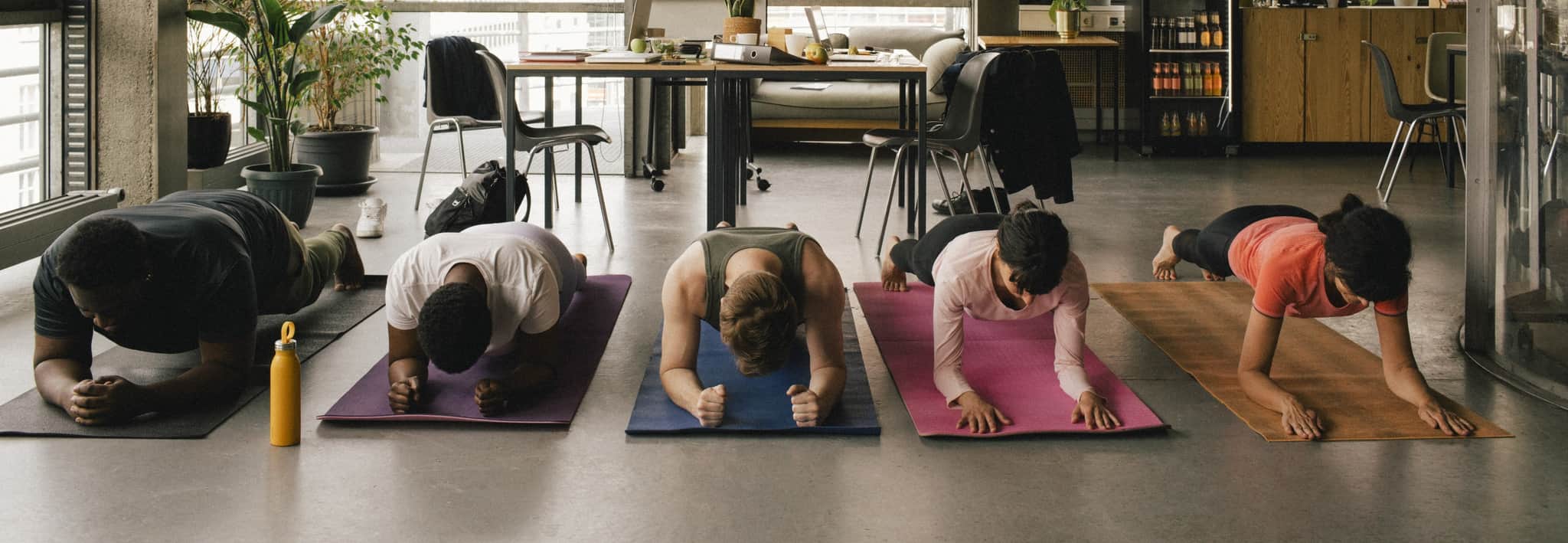 Group of people planking on different coloured mats.