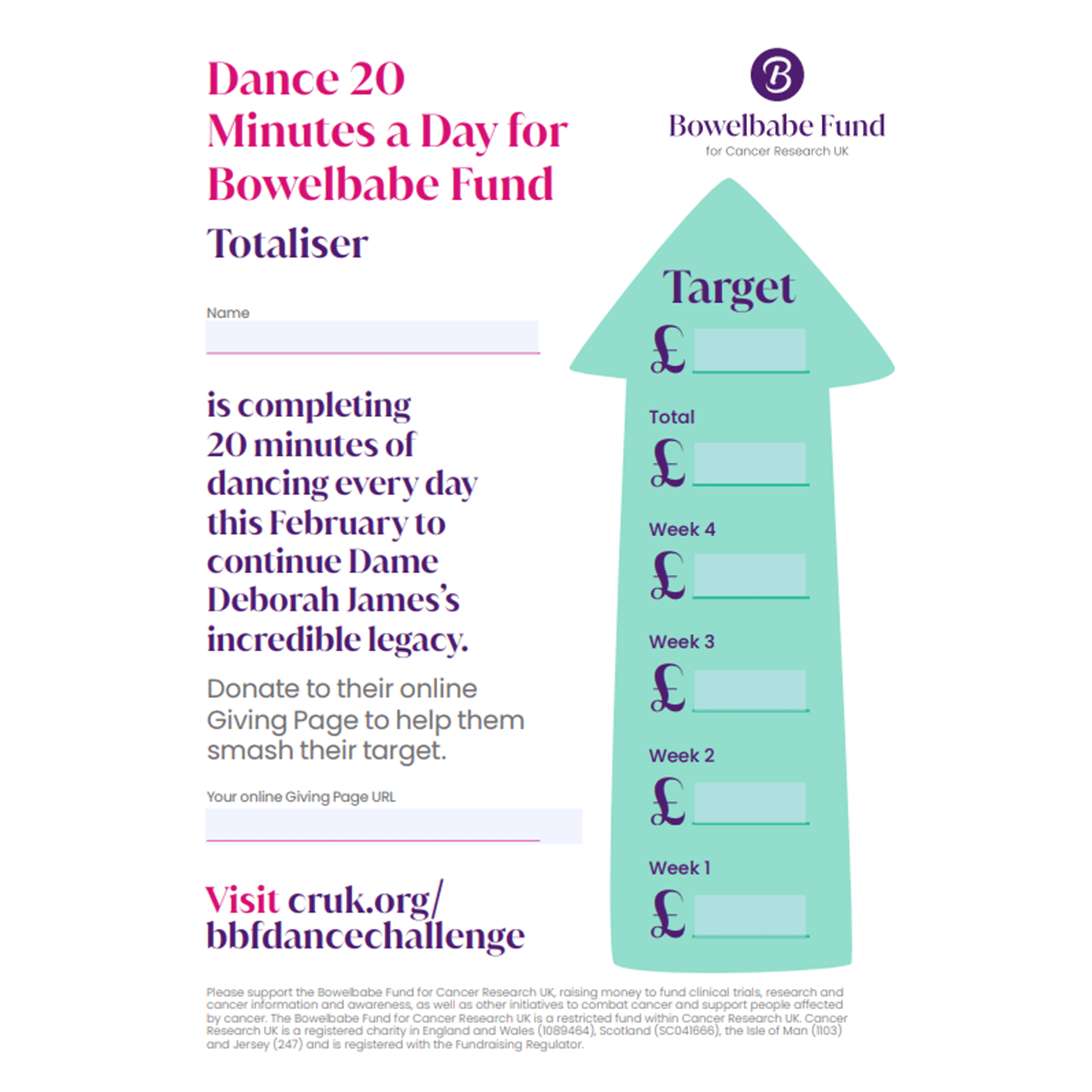 Page titled ‘Dance 20 Minutes a Day Totaliser’ with space for name, donation link, and arrow showing weekly targets.