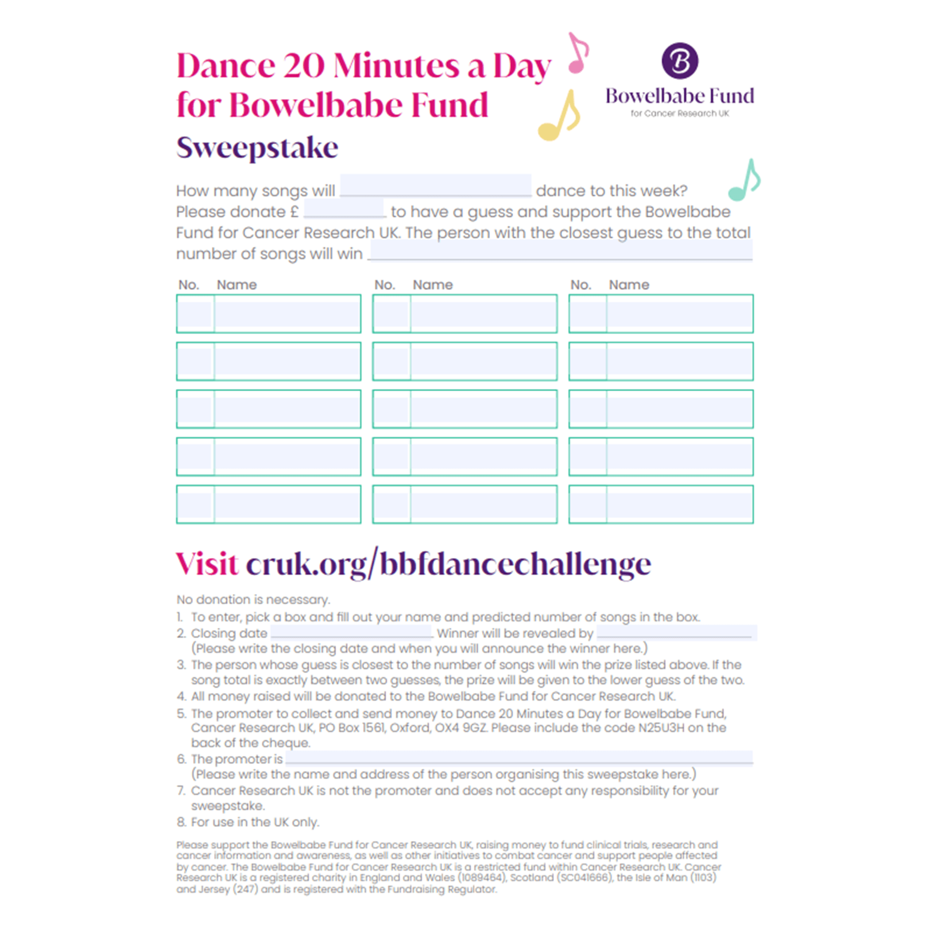 Page titled ‘Sweepstake’ with entry boxes for names and song guesses, plus instructions and donation details.